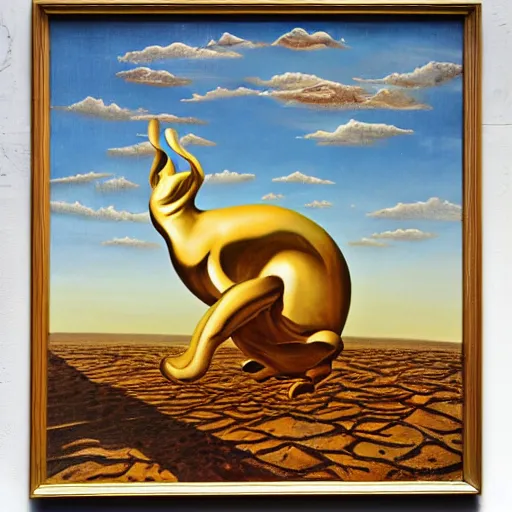 Prompt: dali surrealist painting of a giant golden rabbit in the middle of the desert