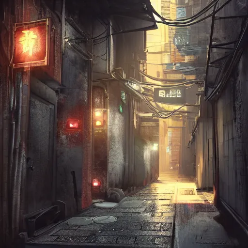 Image similar to a narrow alley with a sign in the middle of it, cyberpunk art by pan tianshou, cgsociety contest winner, shin hanga, unreal engine 5, rendered in unreal engine, world captured through photogrammetry and dissolved with real - time vfx