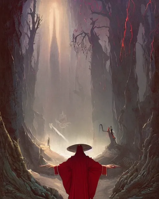 Image similar to a fantasy painting with a wizard in red robes in the foreground of a surreal environment by greg rutkowski and michael whelan