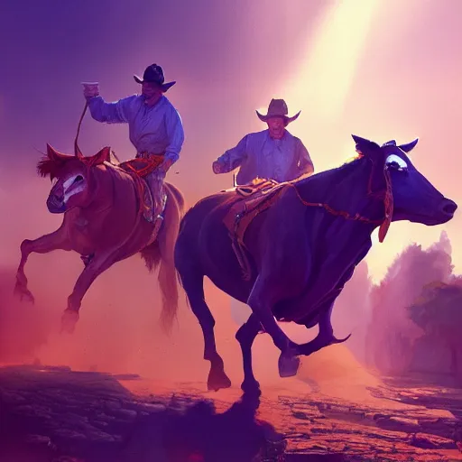 Image similar to cowboys chasing cattle, colorful, dramatic lighting, detailed, intricate, elegant, highly detailed, digital painting, artstation, concept art, smooth, sharp focus, illustration