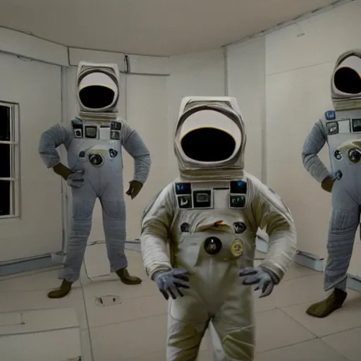 Prompt: an interior movie set made entirely of cardboard duct tape of an alien space ship, there's a window which is a poorly rendered jpeg of space, the astronauts are wearing blocky cardboard spacesuits, and the alien is a cardboard stand hastily colored in with crayon, photorealistic