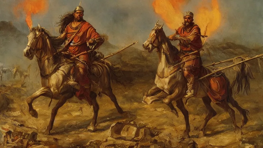 Prompt: nomadic early medieval hunnic khan on horseback surrounded by fires and rubble of roman buildings and mostly destroyed roman buildings, oil painting, cinematic, late antiquity, roman