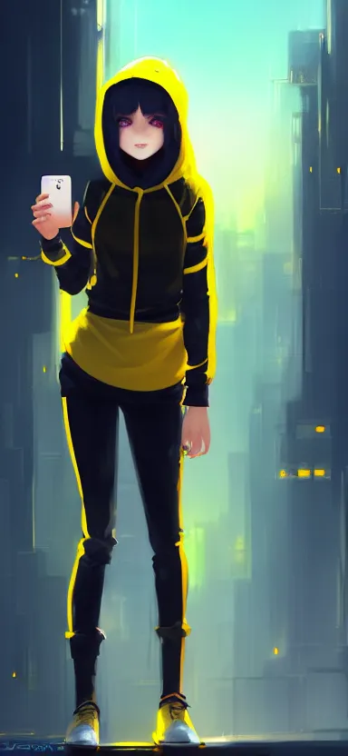 Image similar to a vtuber model concept art of a beautiful girl in a black and yellow hoodie holding an iphone, blue eyes, long hair, full body art, futuristic city background, artstation, digital art, commission art, style by jordan grimmer and greg rutkowski, 4 k resolution