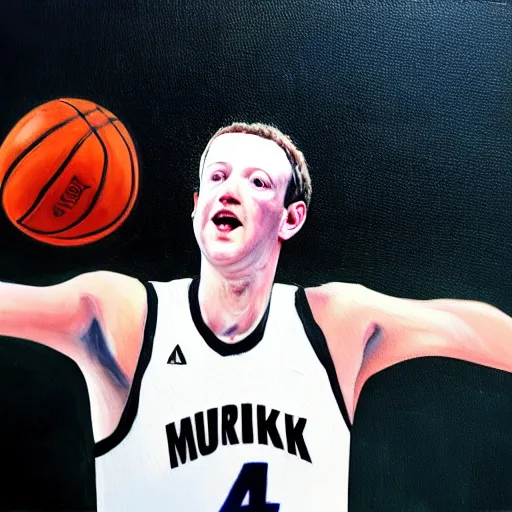 Prompt: Oil painting with dramatic lighting of Mark Zuckerberg losing at basketball