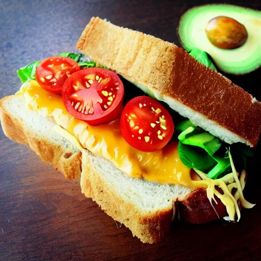 Image similar to sandwich of 1 0 feets of height, with fried tofu, one red tomato slice, mayo, onion, avocado, melted cheddar, red dish, background : jupiter and stars in the sky