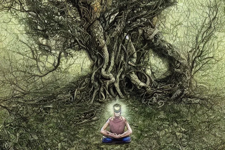 Image similar to a man meditating under a tree by android jones,