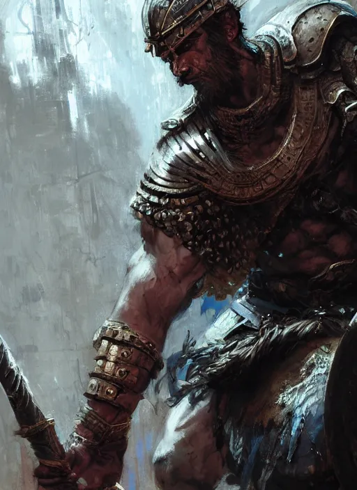 Image similar to ancient historically accurate depiction of the Bible Character Goliath of Gath, the Philistine warrior giant in ancient persian chainmail armor, dramatic lighting art by Yoji Shinkawa by Richard Schmid by greg rutkowski by Sandra Chevrier by Jeremy Lipking cinematic dramatic