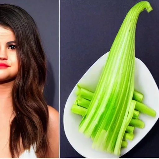 Image similar to selena gomez as celery, celery body, celery mutant