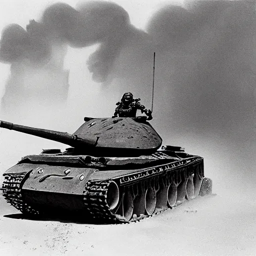 Prompt: a tank shaped like a scorpion driving through a sandstorm, frank frazetta