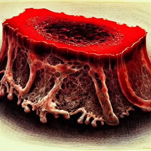 Image similar to meat jelly aspic on bone plate, incenerate painting by david cronenberg, beksinski, bernie wrightson, trending on artstation, horror film, creepypasta