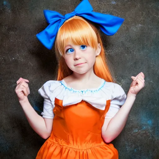 Prompt: little girl in a maid outfit with blue eyes, a red bow on her head, short light orange hair, anime, high detail