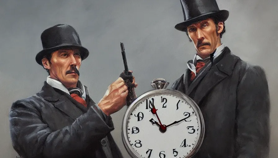 Image similar to sherlock holmes, time, clock, oil painting by jama jurabaev, brush hard, artstation, for aaa game, high quality, brush stroke