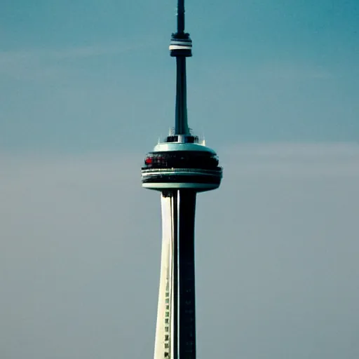 Image similar to Toronto tourist guide with planet mars as a head on Toronto space needle, dramatic cinematic lighting