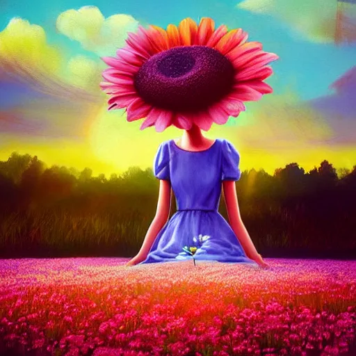 Image similar to giant daisy flower as head, girl sitting in a flower field, surreal photography, sunrise, dramatic light, impressionist painting, colorful clouds, digital painting, artstation, simon stalenhag