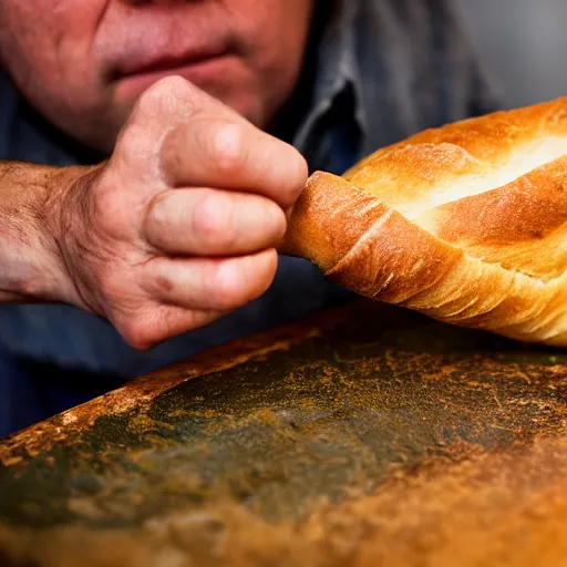 Prompt: closeup portrait baker constricted by a baguette as he tries to fight it back into the oven, by Steve McCurry and David Lazar, natural light, detailed face, CANON Eos C300, ƒ1.8, 35mm, 8K, medium-format print