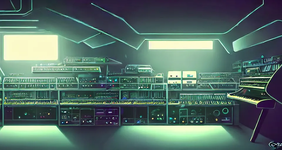 Image similar to a shelf of amazing futuristic synthesizers, cinematic lighting, detailed, beautiful colors, by greg rutowski and studio ghibli