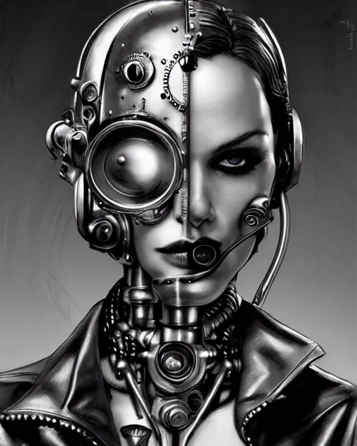 Prompt: margo robbie, steam punk, half robot, evil 8 k, concept art, extremely detailed, black and white, by hajime sorayama