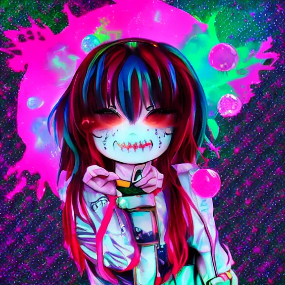 Image similar to photo of a emo manic pixie dream girl, 8k, portrait | sanrio glitchcore yokai girl, shadowverse character concept, found footage horror, glitter gif | d anime decora gyaru kawaii fashion model, v tuber, darling in the frank,asuka, anime best girl, with glitch and scribble effects, psychedelic colors, 3d render octane, by wlop, wenjr, beeple, artstation,imaginefx