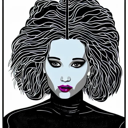 Image similar to jennifer lawrence as the bride of frankenstein, patrick nagel art style