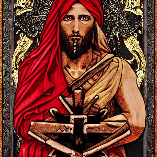 Prompt: blooded jesus christ on mayheim crosses with taliban. symmetrical anatomy, very intricate, digital design, perfect details, pop punk art style, colorful, accompanied by body, pure image without duplication, dribble popular, trending on arstation, drawn by ilya kuvshinov and vinicius gud and gustavo zambelli, intricate, ultra high definition.