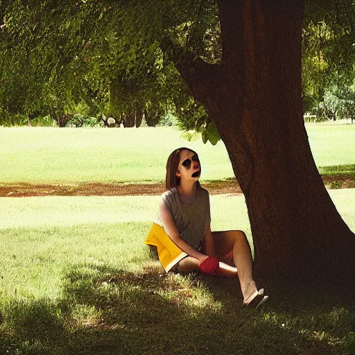 Image similar to “ girl drinking a beer under a tree, by evan cohen ”