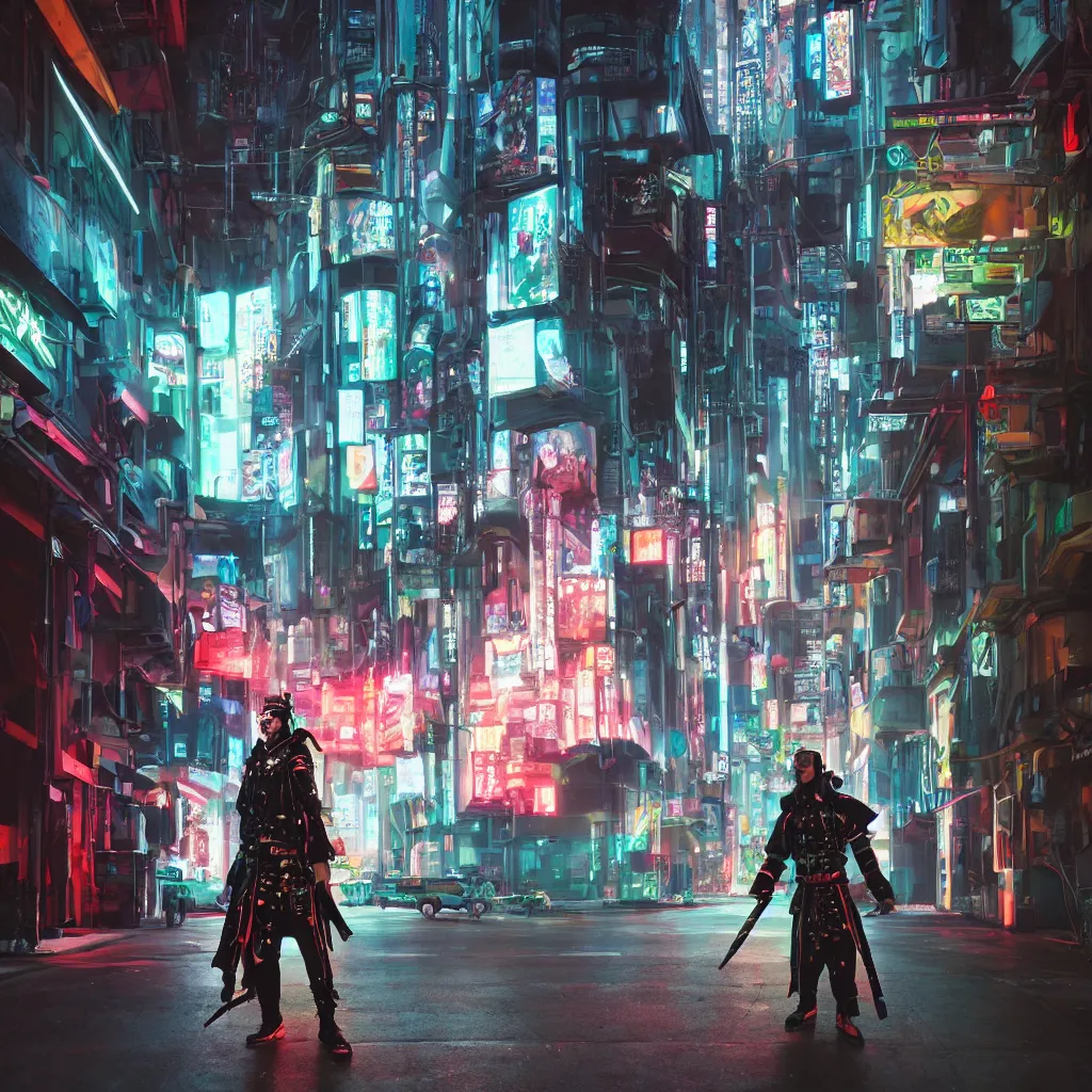 Image similar to slow shutter speed photo of a cyberpunk samurai with neon katana, architecture, public realm, by jonathan solte and zac retz