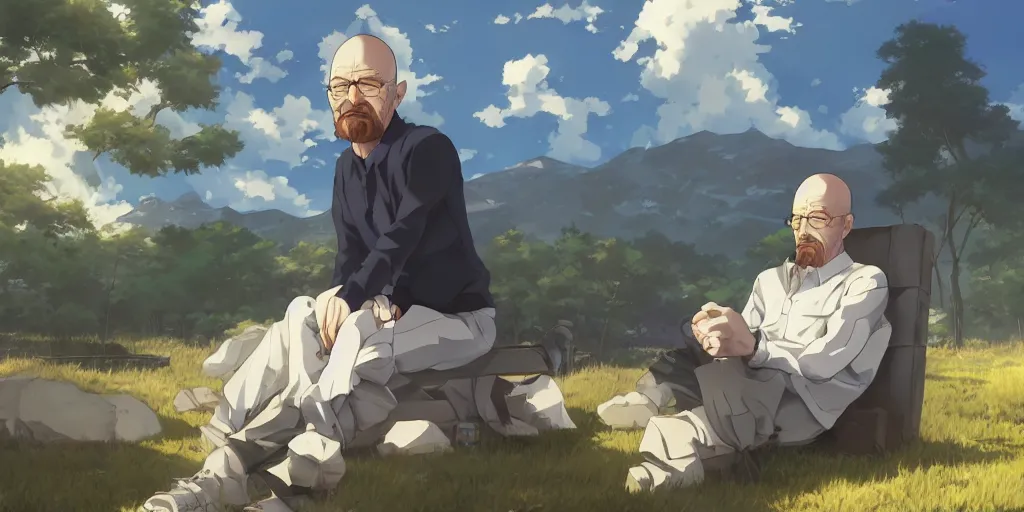 Image similar to walter white sitting down anime style, countryside, calm, fantasy character portrait, dark outlines, dynamic pose, above view, sunny day, artwork by makoto shinkai, very coherent asymmetrical artwork, sharp edges, perfect face, simple form, 1 0 0 mm, wallpaper