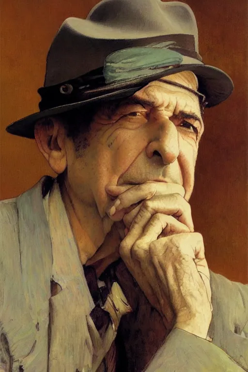 Image similar to Leonard Cohen, wearing a trilby hat, portrait by Stanley Artgerm Lau, greg rutkowski, thomas kindkade, alphonse mucha, loish, norman Rockwell