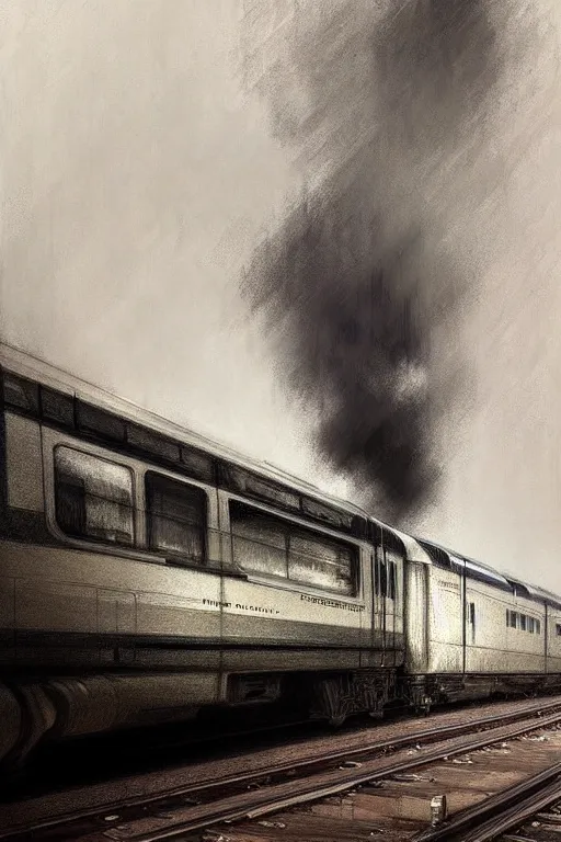 Image similar to hyperrealist pencil sketch of a train by jeremy mann and alphonse mucha, fantasy art, drawing, dynamic lighting, artstation, poster, volumetric lighting, very detailed faces, 4 k, award winning