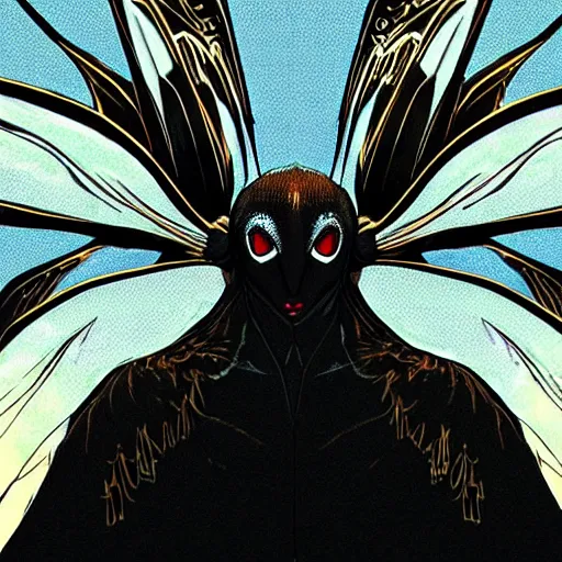 Image similar to 4K headshot of mothman with giant wings , intricate face , flawless anime cel animation by Manabu Oshashi and Satoshi Kon, professionally post-processed , beautiful, scary, symmetry accurate features, epic, octane rendered, anime masterpiece, accurate