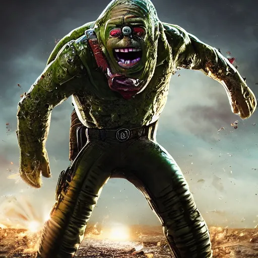 Image similar to pickle rick! as superman! flying in ( gears of war ), splash art, movie still, detailed face, photorealistic facial features, cinematic lighting, dramatic, octane render, long lens, shallow depth of field, bokeh, anamorphic lens flare, 8 k, hyper detailed, 3 5 mm film grain