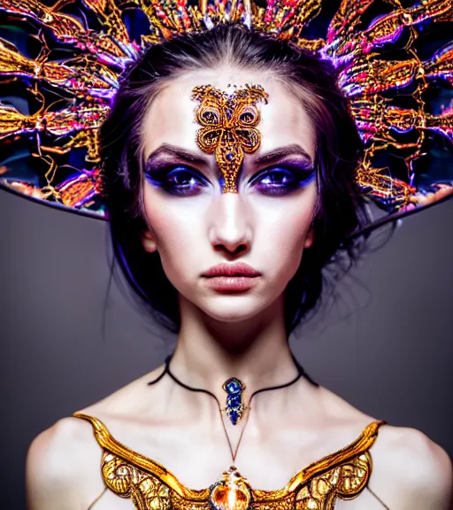 Prompt: symmetrical portrait, a beautiful female sorceress in dress, pretty, detailed and intricate, perfect body shape, perfect face, hypermaximalist, elegant, ornate, luxury, elite, cinematic lighting, canon eos r 3, 8 k, raw, unedited, symmetrical balance, in - frame, 3 d character, photorealistic