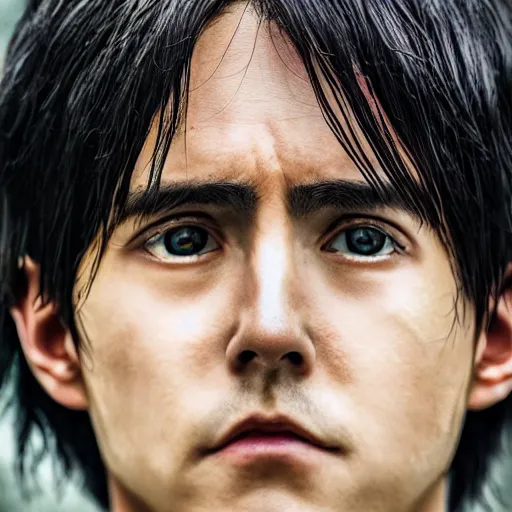 Image similar to photorealistic portrait photograph of real - life eren yeager looking at the camera, shingeki no kyojin, depth of field, soft focus, highly detailed, intricate, realistic, national geographic cover, soft glow, textured skin