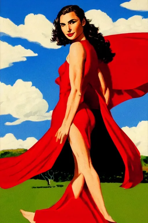 Image similar to full body portrait of gal gadot in the style of bill medcalf, red dress, blue sky with a few clouds, retro, 1 9 5 0, 4 k, detailed, headroom, rule of thirds