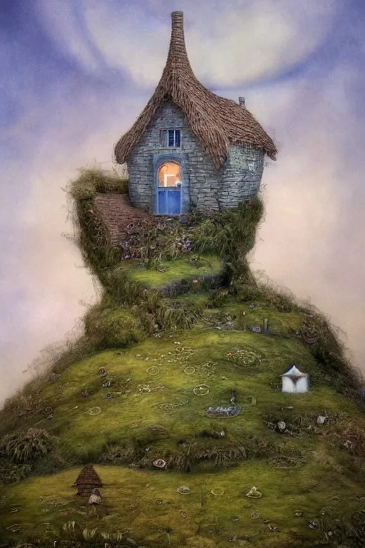 Prompt: beautiful matte painting of a cottage on a hill whimsical by brian froud and bridget bate tichenor with huge dlowing spiral