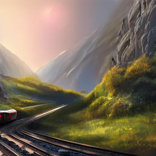 Image similar to futuristic train driving through valley, green hills, matte painting, artstation, sunrise, blue sky