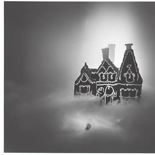 Image similar to cinematic photo of ghosts living inside of a haunted gingerbread house, spooky, fog, 3 5 mm film