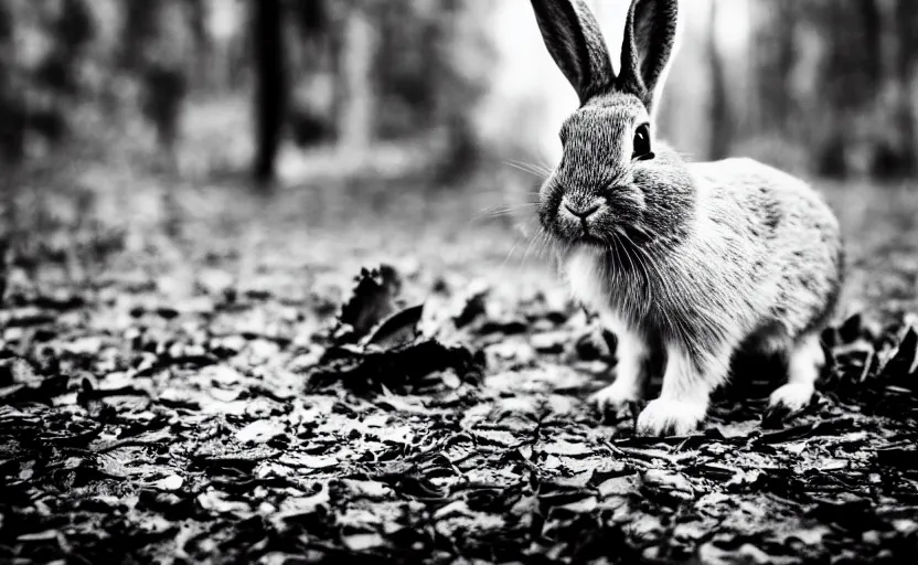 Prompt: rabbit looking in the gothic mirror, black flower, magic, forest, nostalgia, analogue photo quality, blur, unfocus, monochrome, 35mm, dors