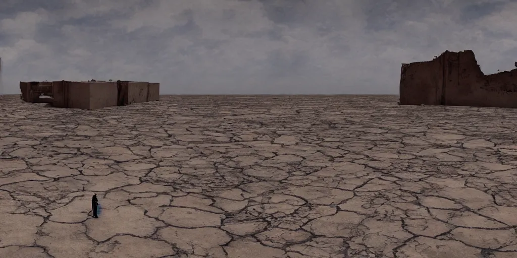 Image similar to a photo of a place where the desert meets the ocean, incredible vista of an advanced city next to a ruined city, a sole survivor looks into the camera, no man's sky, tarot card, mystical, concept art, art station