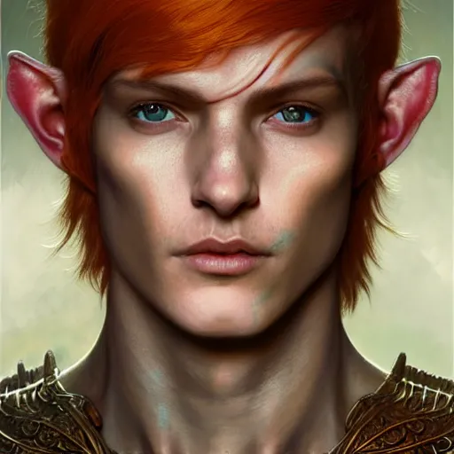 Image similar to portrait painting of a young elven man with a soft face and short light orange hair and tribal tattoos on his face wearing feather armor, ultra realistic, concept art, intricate details, eerie, highly detailed, photorealistic, octane render, 8 k, unreal engine. art by artgerm and greg rutkowski and charlie bowater and magali villeneuve and alphonse mucha