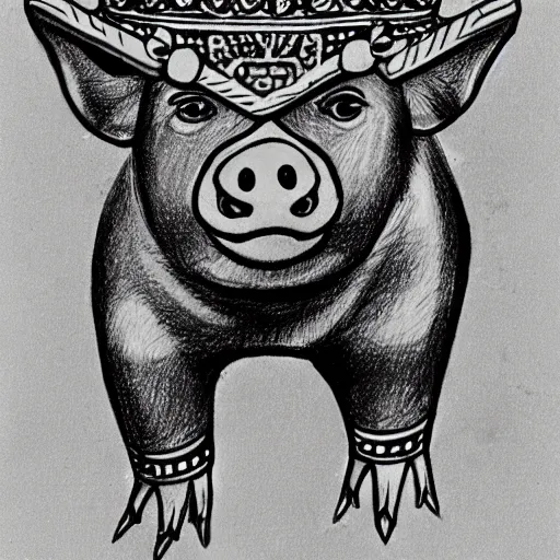 Image similar to a drawing of pig wearing a gold crown in the style of jack kirby