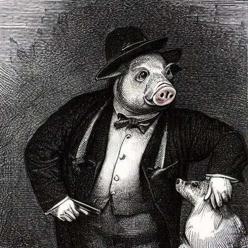 Prompt: pig in a tuxedo, dark, high detail, dramatic light, drawing gustave dore