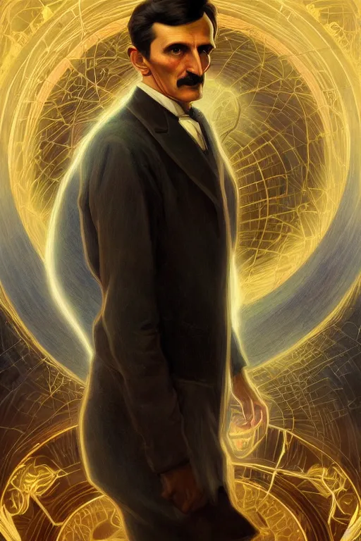 Image similar to a portrait of Nikola Tesla with a background of sparks and electricity, bright lighting, fog, volumetric lighting, intricate, elegant, highly detailed, digital painting, artstation, concept art, smooth, sharp focus, art nouveau, art by artgerm and raymond swanland and alphonse mucha