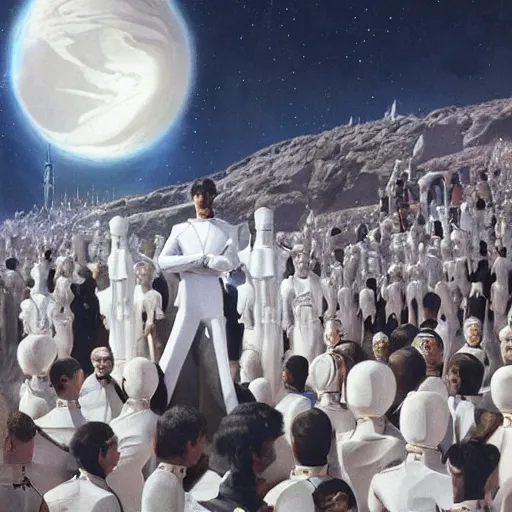 Prompt: portrait of a regal prince in futuristic white clothes, high collar, sharp cheekbones, hopeful expression, surrounded by a crowd of furious people, matte painting, digital art, chesley bonestell