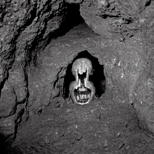 Image similar to photo inside a cavern of a humanoid with lizard skin and a mouth with sharp tooth and black eyes