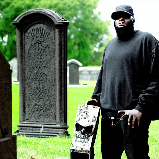 Image similar to MF DOOM standing in a graveyard with a dug up coffin