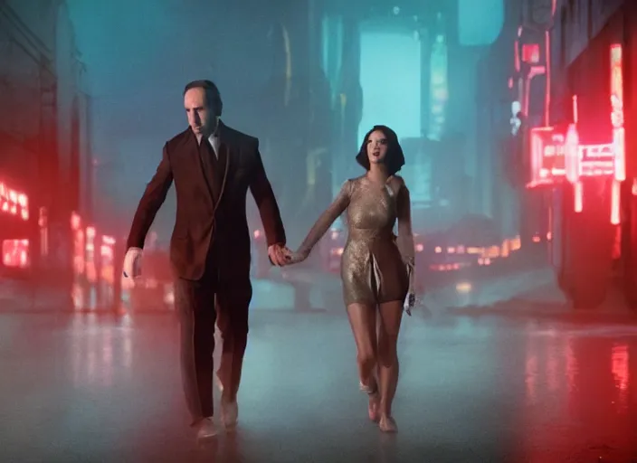 Image similar to a full shot, color cinema film still of saul goodman & katy perry in blade runner 2 0 4 9, cinematic lighting at night.