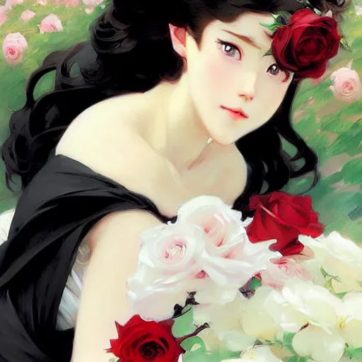 Image similar to beautiful rose anime white - hair girl in elegent black dress, laying on roses, krenz cushart, mucha, ghibli, by joaquin sorolla rhads leyendecker, by ohara koson