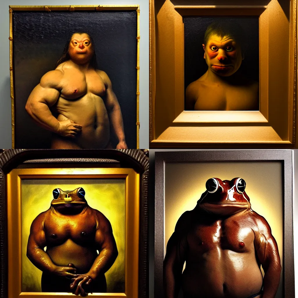 Prompt: subject: muscular oversized frog warrior in medium shot backlight portrait, style: very heavy textured rembrandt oil painting with dramatic light