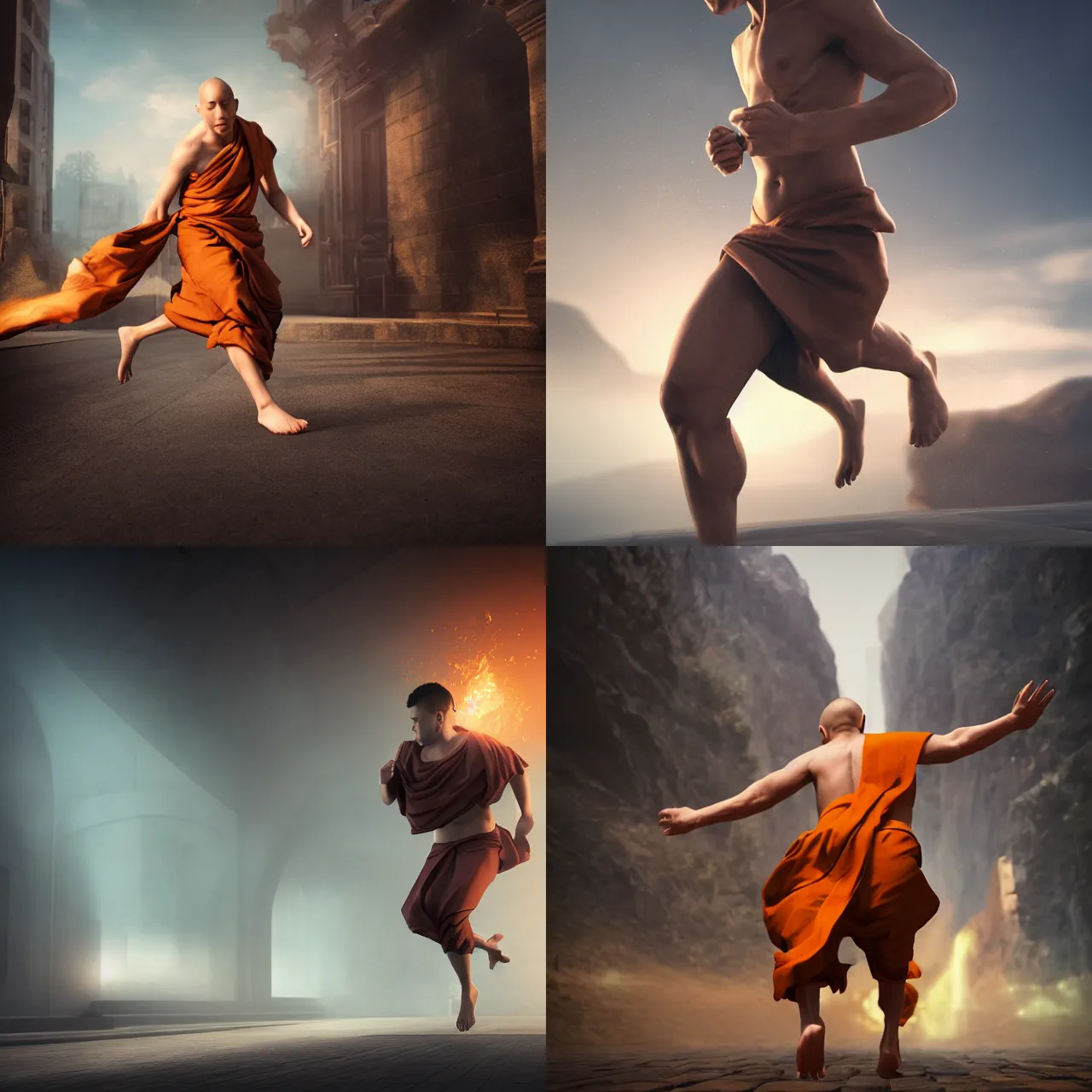 Prompt: male monk running at full speed without shirt, cinematic, volumetric lighting, Epic composition, octane render, Smooth gradients, High contrast, depth of field, concept art, oil painting, board game cover art,